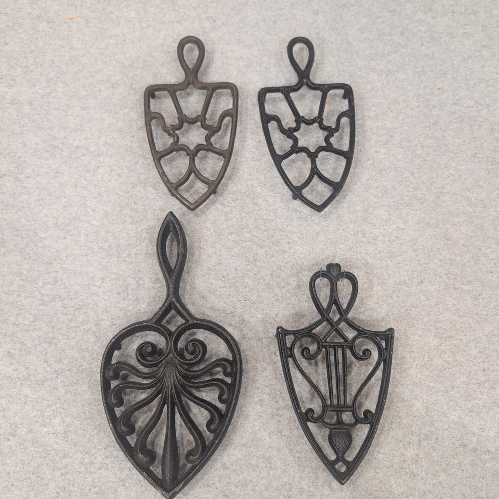 Vtg Style Cast Iron Trivet Set of 4 Black Bronze Decorative Wall Decor Hot Pad - Picture 1 of 3
